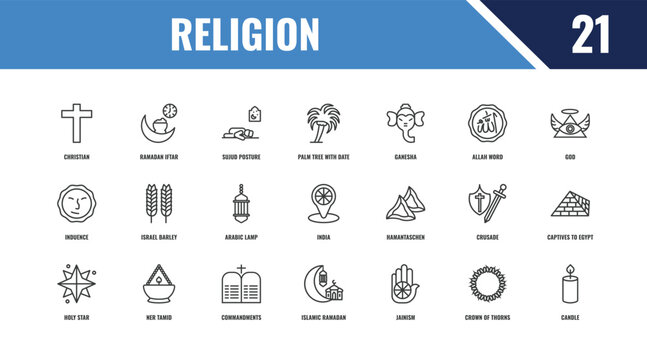religion outline icon set. linear vector for ui, web and mobile. thin line ramadan iftar, god, hamantaschen icons.