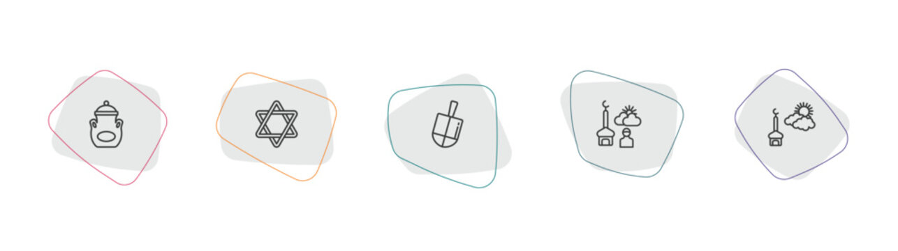 religion outline icon set. linear vector for ui, web and mobile. thin line manna jar, jewish, dreidel icons.