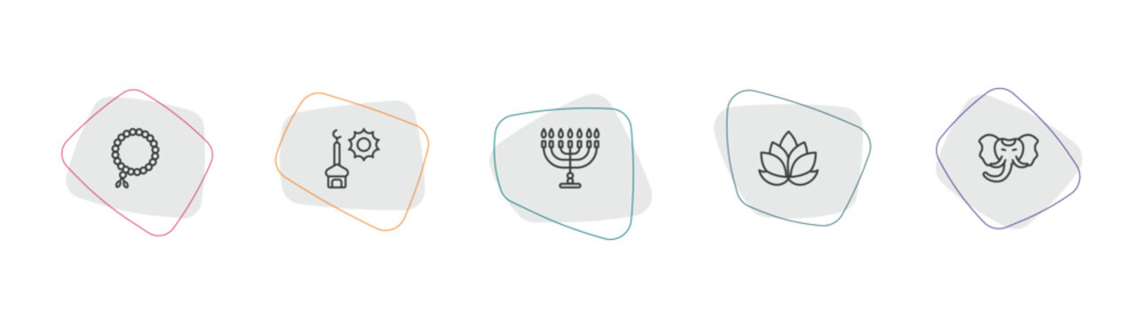 religion outline icon set. linear vector for ui, web and mobile. thin line prayer beads, zuhr prayer, jewish candles icons.