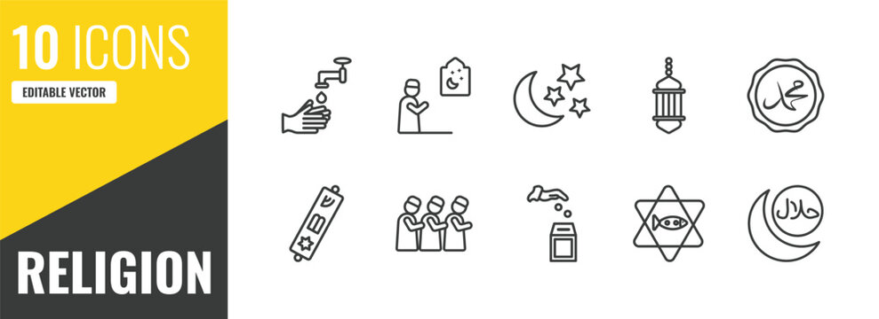 religion outline icon set. 10 linear vector for ui, web and mobile. thin line wudu, muslim man praying, star and crescent moon icons.