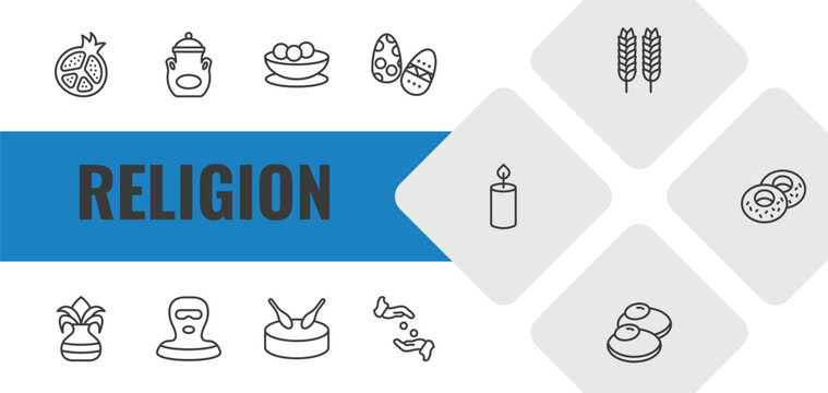 religion outline icon set. linear vector for ui, web and mobile. thin line half pomegranate, manna jar, matzo ball soup icons.