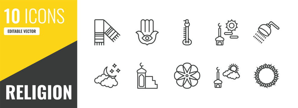 religion outline icon set. 10 linear vector for ui, web and mobile. thin line tallit, hamsa hand, sitar icons.