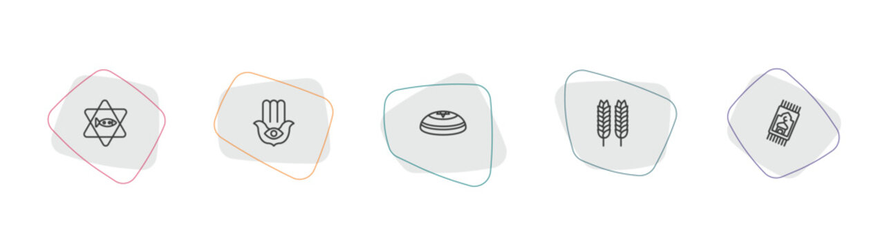 religion outline icon set. linear vector for ui, web and mobile. thin line inclined fish, hamsa hand, kippah icons.