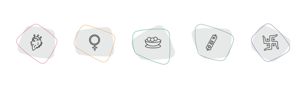 religion outline icon set. linear vector for ui, web and mobile. thin line lion of judah, raya rosary, matzo ball soup icons.