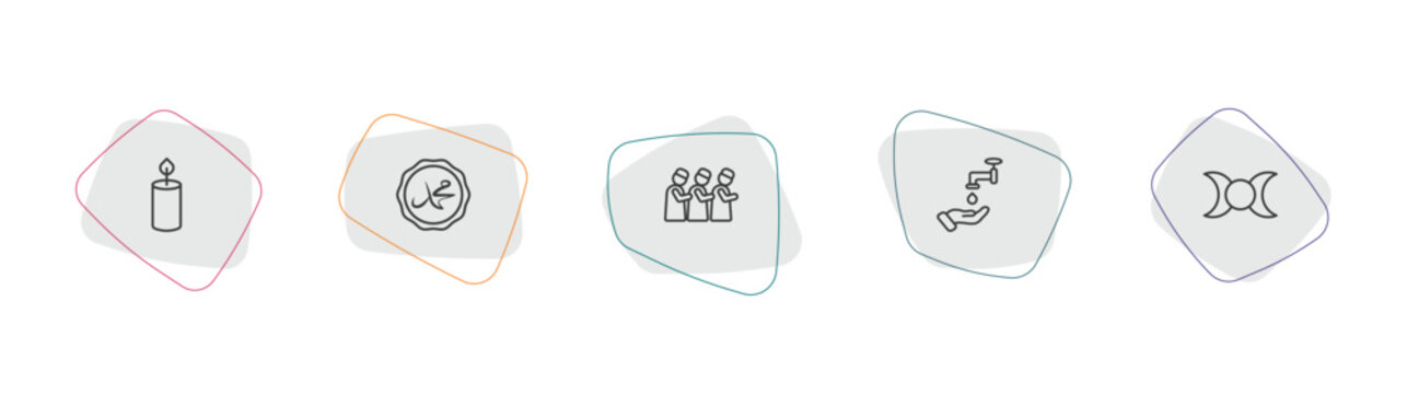 religion outline icon set. linear vector for ui, web and mobile. thin line candle, muhammad word, islamic friday prayer icons.