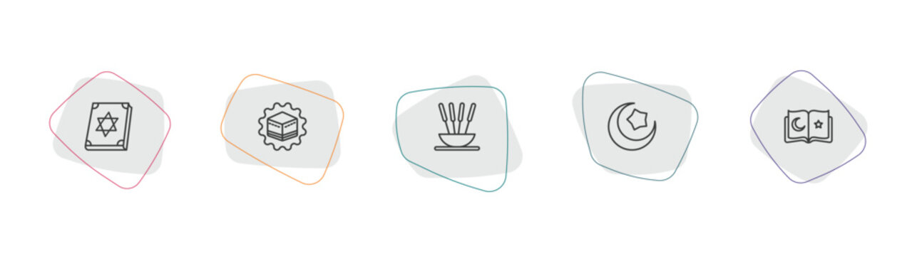 religion outline icon set. linear vector for ui, web and mobile. thin line torah book, kaaba, incense icons.