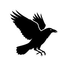 Obraz premium Silhouette of a raven in flight, wings spread, black bird against white background.