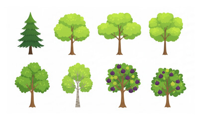 Fototapeta premium Cute Cartoon Green Tree Illustrations Set with Plump Ripe Figs on White Background
