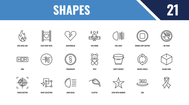 shapes outline icon set. linear vector for ui, web and mobile. thin line film strip with heart, no push, empty bucket icons.