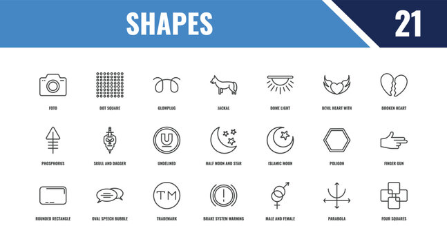 shapes outline icon set. linear vector for ui, web and mobile. thin line dot square, broken heart, islamic moon icons.