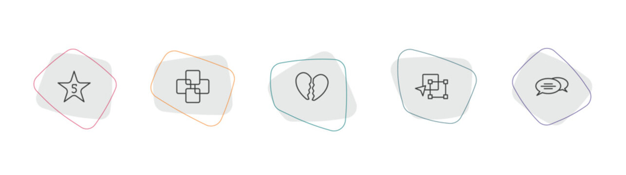 shapes outline icon set. linear vector for ui, web and mobile. thin line star with number five, four squares, broken heart icons.