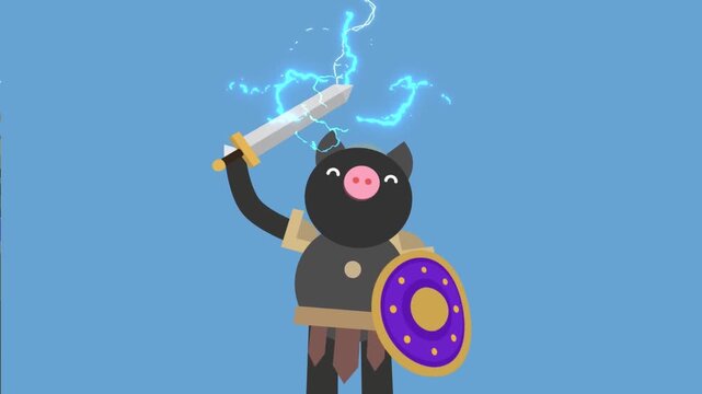 Warrior Pig Operating Wooden Catapult Siege Weapon Fantasy Combat 2D Animation