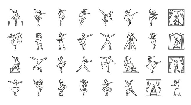 Collection of various ballet dancers in different poses, line art style.