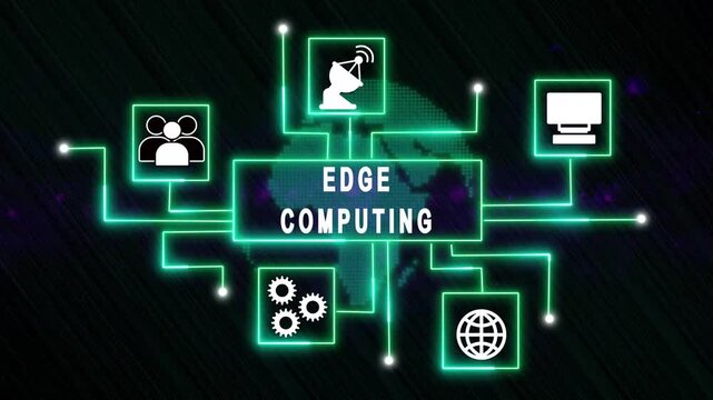 Edge computing network diagram. Edge computing network glows. This edge computing network diagram with satellite dish represents professional technology and global data media.