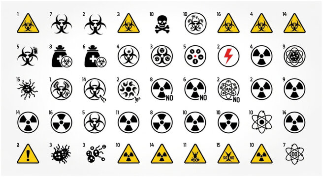 Collection of various hazard warning symbols and signs for dangerous materials and substances.