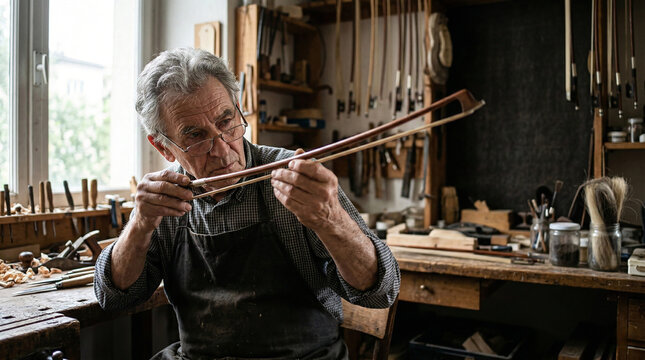 Senior craftsman carefully inspecting a violin bow in his traditional woodworking workshop.