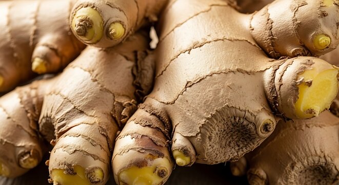 Close-up of earthy ginger roots with textured skin and bright yellow flesh