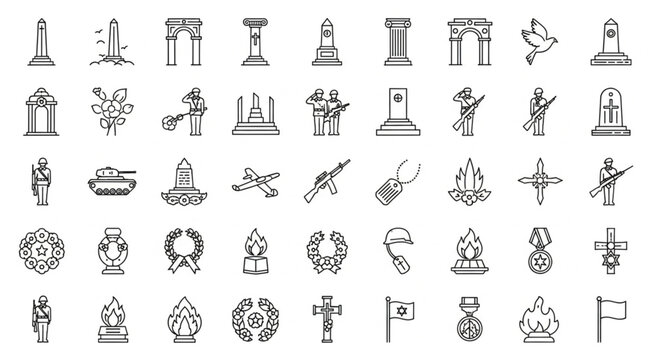 Collection of war memorials and symbols representing remembrance and sacrifice.
