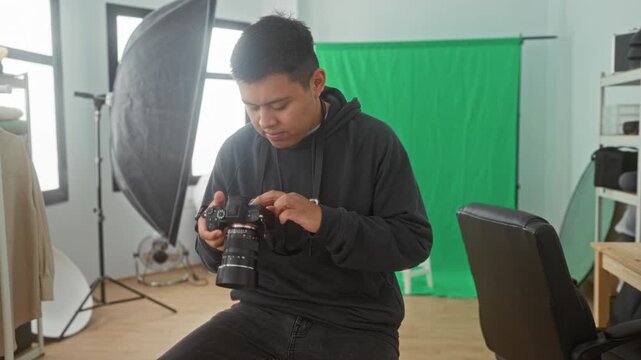 Man adjusting camera with hands and checking settings in a studio with green screen and lighting; frustration concentration problem solving.