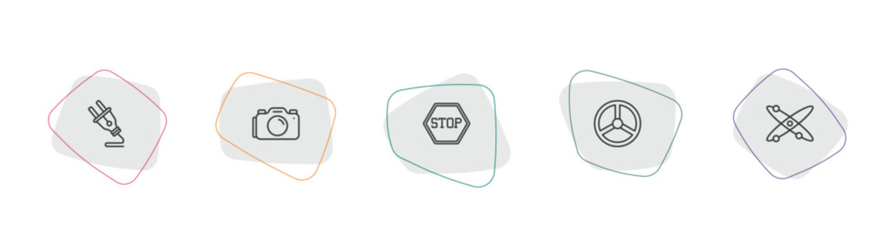 signs outline icon set. linear vector for ui, web and mobile. thin line plug, camera, stop icons.