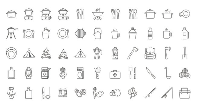 Camping and outdoor equipment icons set, essential tools for adventure and exploration.
