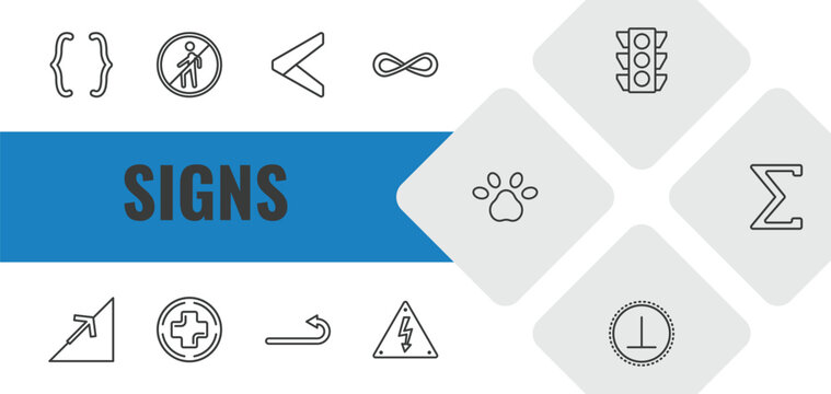 signs outline icon set. linear vector for ui, web and mobile. thin line parenthesis, no entry, is less than icons.