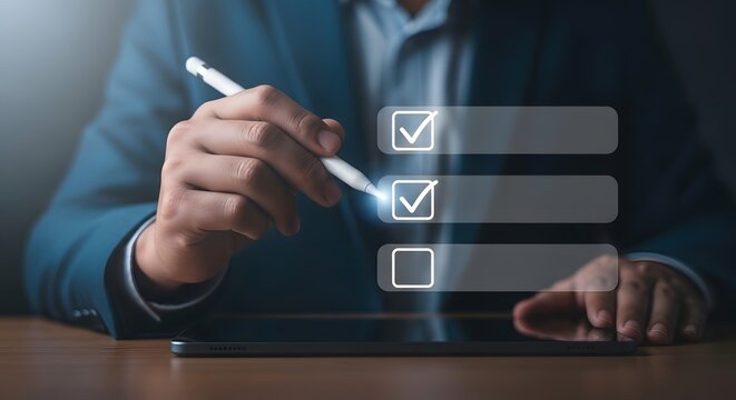 Business decision making hand checking a box on a transparent digital checklist interface