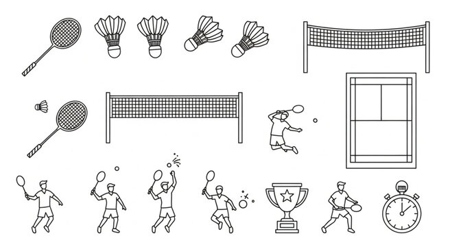 Badminton equipment and players in action, a detailed line art illustration.