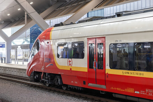 Warsaw, Poland - April 13, 2026: An SKM electric passenger train