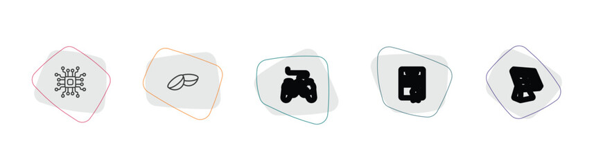 technology outline icon set. linear vector for ui, web and mobile. thin line elements, contact lens, gamepad with cable icons. © Farahim