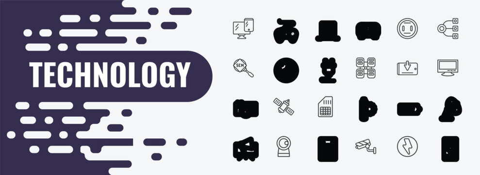 technology outline icon set. linear vector for ui, web and mobile. thin line sega gamepad, file storage, round socket icons.