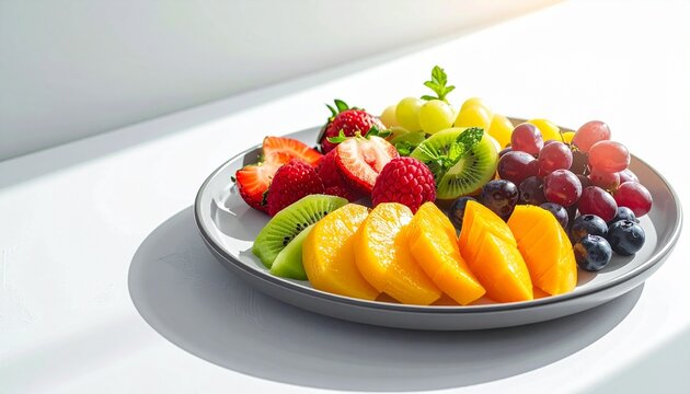 Obstteller mit frischen Fr&uuml;chten &auml;sthetisch und modern angerichtet