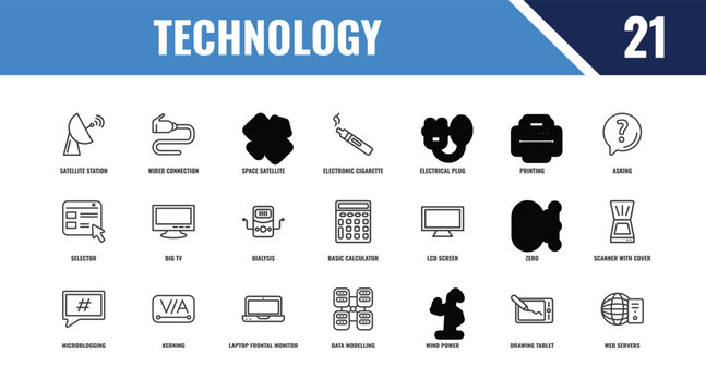 technology outline icon set. linear vector for ui, web and mobile. thin line wired connection, asking, lcd screen icons.