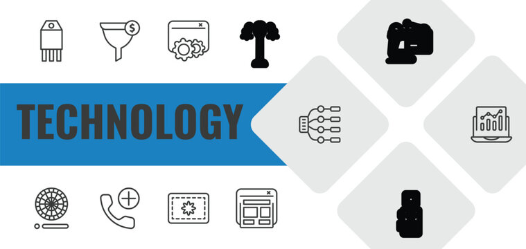 technology outline icon set. linear vector for ui, web and mobile. thin line transistor, conversion, sdk icons.