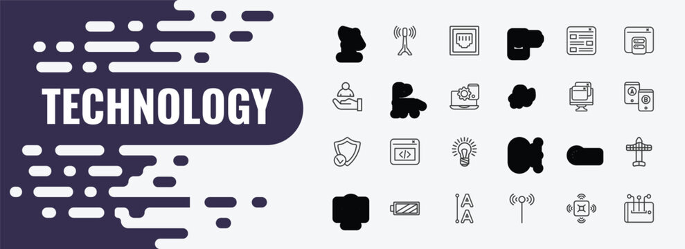 technology outline icon set. linear vector for ui, web and mobile. thin line internet value, telephone connector, mood board icons.