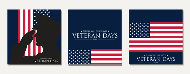 USA Veterans Day greeting cards set with United States national flag. Honoring all who served. United States national holiday vector illustration. © Arga Umbara