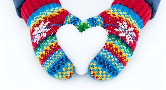 Colorful mittens making heart shape snow.