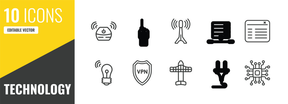 technology outline icon set. 10 linear vector for ui, web and mobile. thin line wireless gadget, big walkie talkie, internet value icons.