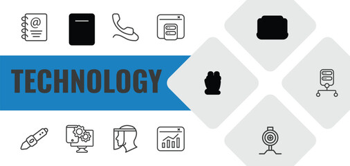 technology outline icon set. linear vector for ui, web and mobile. thin line email agenda, calculation, phone with wire icons. © Farahim