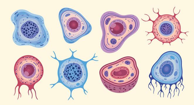 Scientific illustration of various biological cell types with nuclei and different structures in pixel art style.