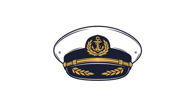 Traditional navy blue and white maritime captain hat featuring an anchor emblem and golden laurel leaves is isolated on a plain white backdrop.