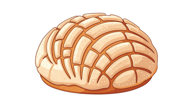 Freshly baked Mexican concha sweet bread with its signature seashell-shaped sugar crust texture is depicted in a warm and appetizing illustration.