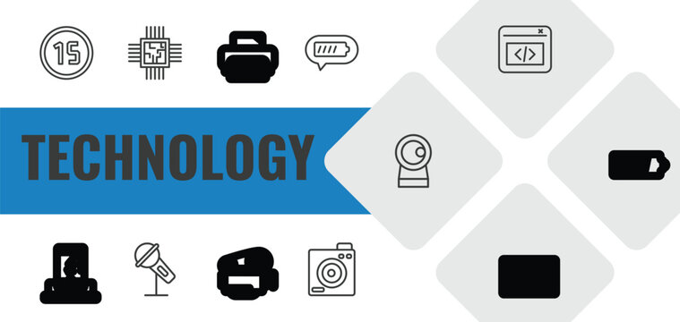 technology outline icon set. linear vector for ui, web and mobile. thin line digital number 15, big chip, printer tool icons.
