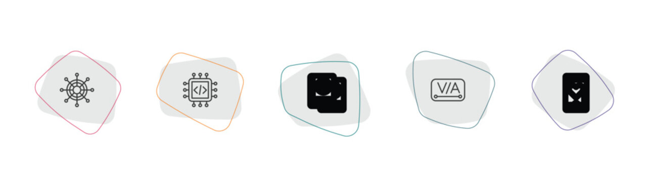 technology outline icon set. linear vector for ui, web and mobile. thin line multichannel marketing, embedding, international passport icons.