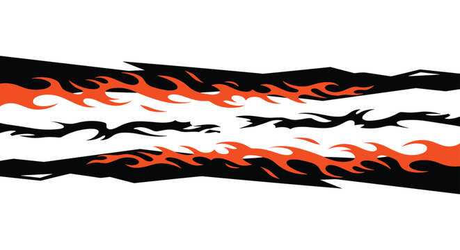 Dynamic black and orange flame patterns are arranged horizontally to create a sense of speed and heat in this graphic design element.