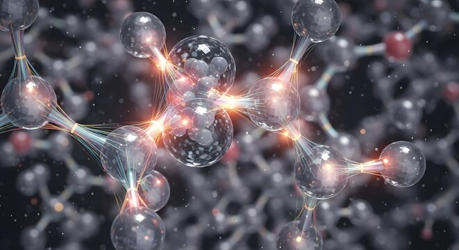 Abstract molecular structure visualization with glowing connections and focal point