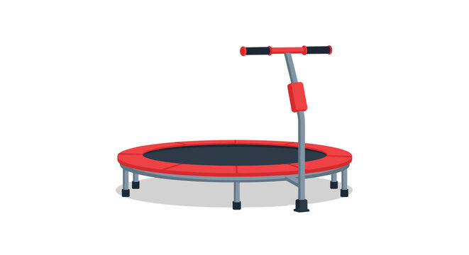 Small red and black fitness trampoline for indoor workouts featuring a tall safety handle and a sturdy frame for cardio exercise at home.