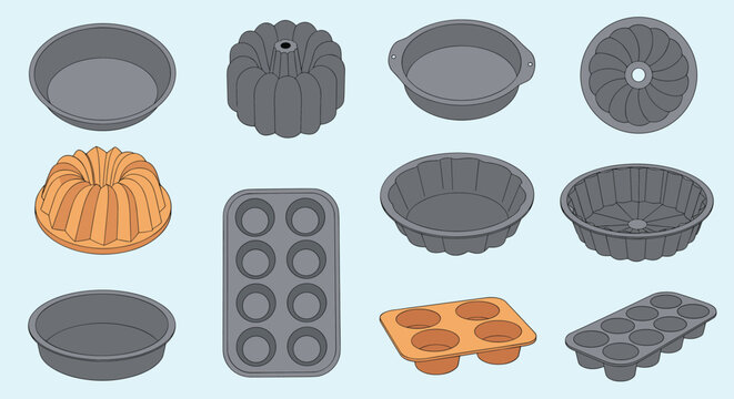 Comprehensive set of various metal baking pans including muffin tins bundt cake molds and round trays for home kitchen use and baking hobbies.