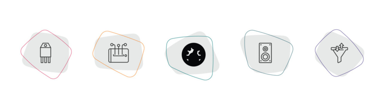 technology outline icon set. linear vector for ui, web and mobile. thin line transistor, content curation, vehicle speedometer icons.