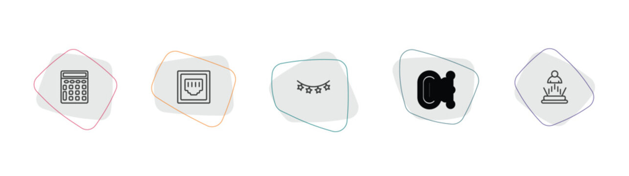 technology outline icon set. linear vector for ui, web and mobile. thin line basic calculator, telephone connector, tinsel icons.